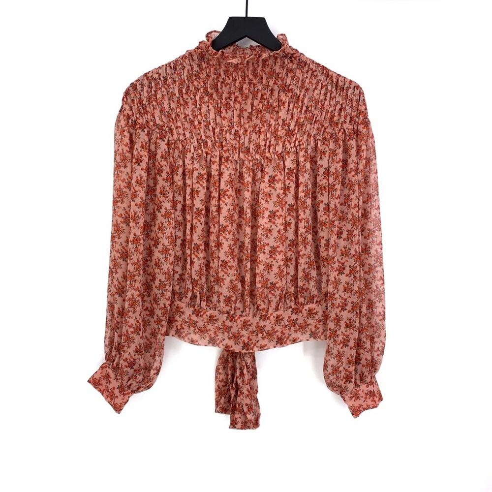BARDOT Cyrus Long Sleeve Smocked Blouse Rose Bloom S?